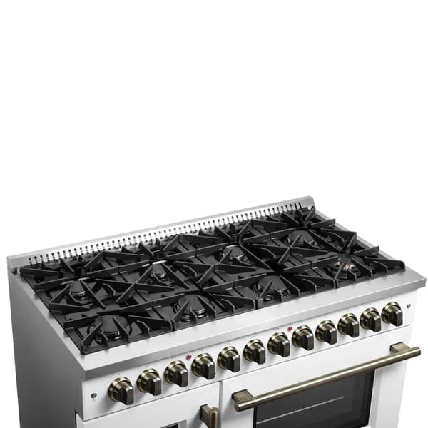 FORNO Galiano 48-Inch French Door Dual Fuel Range with 8 Burners and 6.58 Cu. Ft. Electric Convection Oven in Black/White with Antique Brass Trim - MyBBQDirect