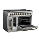 FORNO Galiano 48-Inch French Door Dual Fuel Range with 8 Burners and 6.58 Cu. Ft. Electric Convection Oven in Black/White with Antique Brass Trim - MyBBQDirect