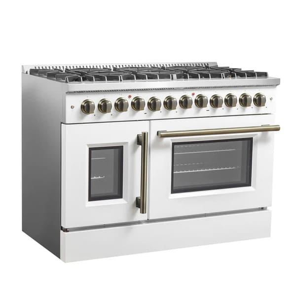 FORNO Galiano 48-Inch French Door Dual Fuel Range with 8 Burners and 6.58 Cu. Ft. Electric Convection Oven in Black/White with Antique Brass Trim - MyBBQDirect