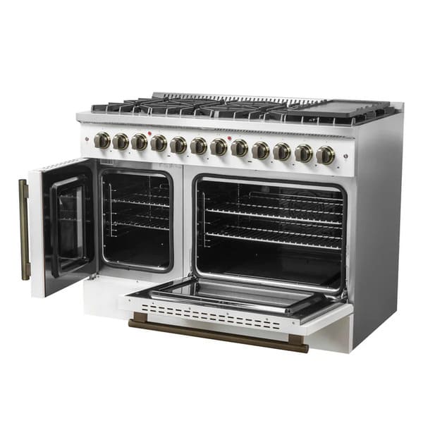 FORNO Galiano 48-Inch French Door Dual Fuel Range with 8 Burners and 6.58 Cu. Ft. Electric Convection Oven in Black/White with Antique Brass Trim - MyBBQDirect