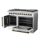 FORNO Galiano 48-Inch French Door Dual Fuel Range with 8 Burners and 6.58 Cu. Ft. Electric Convection Oven in Black/White with Antique Brass Trim - MyBBQDirect