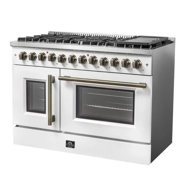 FORNO Galiano 48-Inch French Door Dual Fuel Range with 8 Burners and 6.58 Cu. Ft. Electric Convection Oven in Black/White with Antique Brass Trim - MyBBQDirect