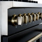 Angled close-up of the control knobs on the FORNO Giovanni 30-Inch Gas Range in black, showcasing stainless steel finishes, precision temperature markings, and a modern matte black panel.