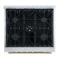 Top-down view of the FORNO Giovanni 30-Inch Gas Range in black, featuring four sealed brass burners, continuous cast iron grates, and a sleek matte black surface for efficient, high-performance cooking.