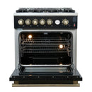 Front view of the FORNO Giovanni 30-Inch Gas Range in black with the oven door open, revealing a blue enamel interior, heavy-duty oven racks, and convection fan for even cooking.
