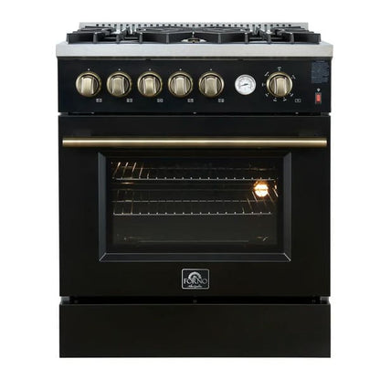 Front view of the FORNO Giovanni 30-Inch Gas Range in black, featuring a matte finish, four brass burners, heavy-duty control knobs, and a spacious single oven with stainless steel trim.