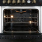 Interior view of the FORNO Giovanni 30-Inch Gas Range oven in black, featuring a vibrant blue enamel finish, convection fan, and durable multi-level oven racks.