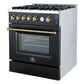 Right-angled view of the FORNO Giovanni 30-Inch Gas Range in black, featuring a matte finish, four sealed brass burners, and a stainless steel oven door handle for a modern, professional look.