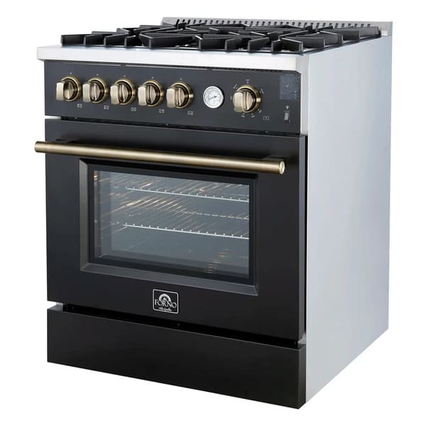 Right-angled view of the FORNO Giovanni 30-Inch Gas Range in black, featuring a matte finish, four sealed brass burners, and a stainless steel oven door handle for a modern, professional look.