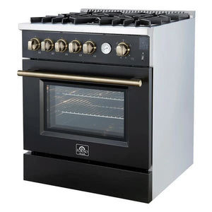 Right-angled view of the FORNO Giovanni 30-Inch Gas Range in black, featuring a matte finish, four sealed brass burners, and a stainless steel oven door handle for a modern, professional look.