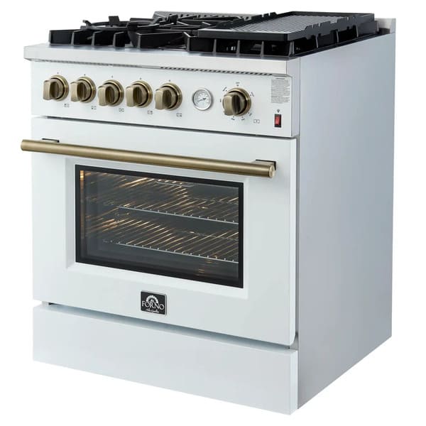 Right-angled front view of the FORNO Giovanni 30-Inch Gas Range in white, showcasing four brass burners, a matte white finish, and a professional-style oven door with stainless steel accents.