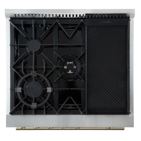 Top-down view of the FORNO Giovanni 30-Inch Gas Range in white, featuring four sealed brass burners, durable cast iron grates, and a sleek matte white cooktop surface for precise, high-efficiency cooking.