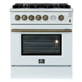 Front view of the FORNO Giovanni 30-Inch Gas Range in white, featuring a clean matte finish, four brass burners, heavy-duty control knobs, and a spacious oven with stainless steel handle.