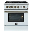 Front view of the FORNO Giovanni 30-Inch Gas Range in white, featuring a clean matte finish, four brass burners, heavy-duty control knobs, and a spacious oven with stainless steel handle.