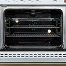Interior view of the FORNO Giovanni 30-Inch Gas Range in white, showcasing a blue enamel oven cavity, convection fan, and adjustable heavy-duty oven racks for multi-level cooking.