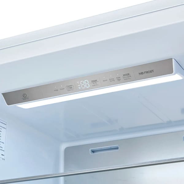Close-up view of the digital control panel inside the FORNO Maderno 28-Inch Built-In Convertible Refrigerator in white with left-swing door, featuring touch controls and temperature display.
