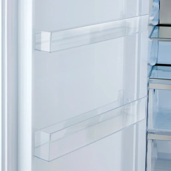 Interior door storage of FORNO Maderno 28-Inch Built-In 13.6 Cu. Ft. Convertible Refrigerator in white with left-swing door, featuring clear adjustable bins for bottles and condiments.