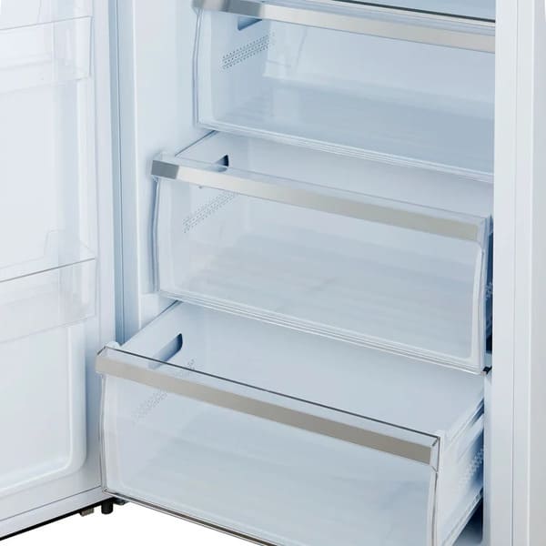 Close-up of interior drawer in FORNO Maderno 28-Inch Built-In 13.6 Cu. Ft. Convertible Refrigerator in white with left-swing door, showing smooth-glide mechanism and deep storage capacity.
