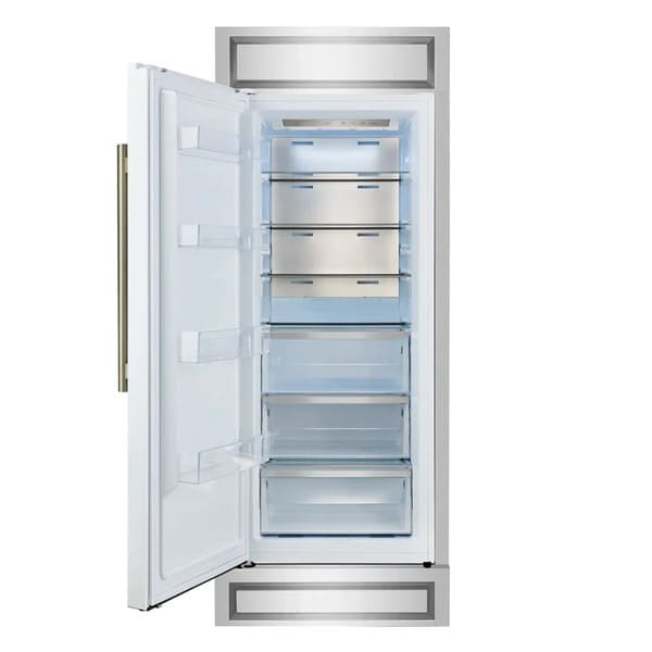 Front view of FORNO Maderno 28-Inch Built-In 13.6 Cu. Ft. Convertible Refrigerator in white with left-swing door open, revealing organized interior with glass shelves and clear door bins.