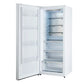 Left-angled front view of FORNO Maderno 28-Inch Built-In 13.6 Cu. Ft. Convertible Refrigerator in white with left-swing door open, revealing a sleek, spacious interior with adjustable glass shelving and door storage.