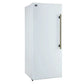 Left-angled front view of FORNO Maderno 28-Inch Built-In 13.6 Cu. Ft. Convertible Refrigerator in white with left-swing door closed, featuring a seamless panel-ready design and antique brass handle.