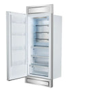 Right-angled front view of FORNO Maderno 28-Inch Built-In 13.6 Cu. Ft. Convertible Refrigerator in white with left-swing door open, displaying spacious interior with adjustable glass shelves and clear door storage bins.