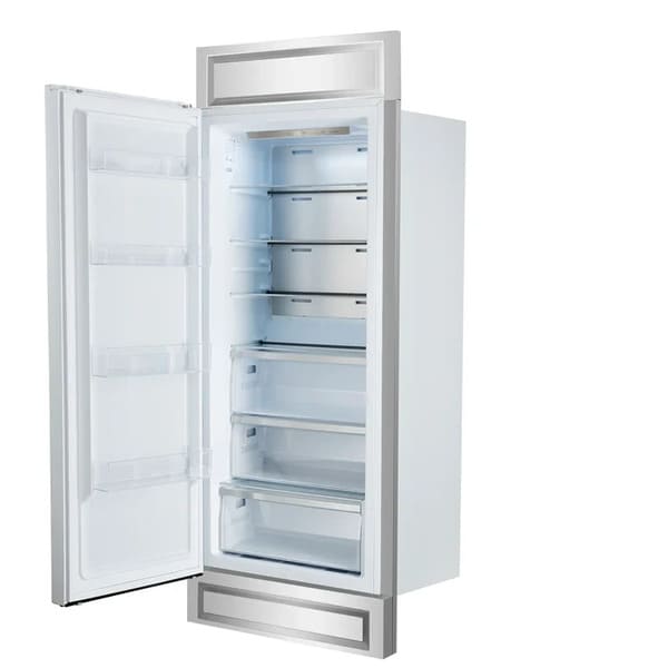Right-angled front view of FORNO Maderno 28-Inch Built-In 13.6 Cu. Ft. Convertible Refrigerator in white with left-swing door open, displaying spacious interior with adjustable glass shelves and clear door storage bins.