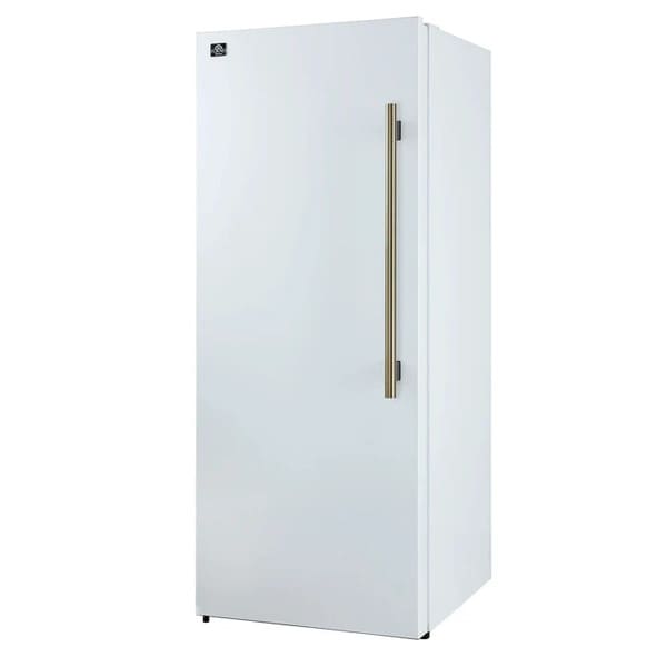 Right-angled front view of FORNO Maderno 28-Inch Built-In 13.6 Cu. Ft. Convertible Refrigerator in white with left-swing door, highlighting its slim profile, flush fit, and modern aesthetic.