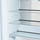 Close-up view of interior glass shelves in the FORNO Maderno 28-Inch Built-In 13.6 Cu. Ft. Convertible Refrigerator in white with left-swing door, showcasing adjustable, spill-resistant shelving and sleek design.