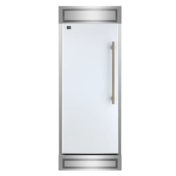 Front view of FORNO Maderno 28-Inch Built-In 13.6 Cu. Ft. Convertible Refrigerator in white with left-swing door hinge, featuring a minimalist design and flush cabinet installation.