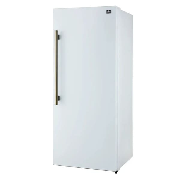 Angled front view of FORNO Maderno 28-Inch Built-In 13.6 Cu. Ft. Convertible Refrigerator in white, featuring a streamlined, panel-ready design with integrated handle.