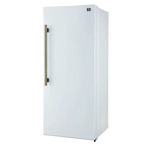 Angled front view of FORNO Maderno 28-Inch Built-In 13.6 Cu. Ft. Convertible Refrigerator in white, featuring a streamlined, panel-ready design with integrated handle.