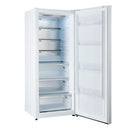Front-facing view of FORNO Maderno 28-Inch Built-In 13.6 Cu. Ft. Convertible Refrigerator in white with door open, highlighting interior glass shelves, door bins, and modern built-in styling.