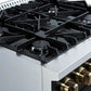Left-angled view of the cooktop on the FORNO Marco 30-Inch Gas Range in black, featuring four sealed brass burners with continuous cast iron grates for smooth pan movement and professional-grade performance.