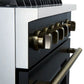 Left-angled close-up of the control knobs on the FORNO Marco 30-Inch Gas Range in black, showcasing stainless steel bezels and clear markings for precise temperature and burner control.
