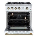 Front view of the FORNO Marco 30-Inch Gas Range in white with the oven door open, showcasing the spacious blue enamel interior, convection fan, and multiple chrome racks for efficient baking and roasting.