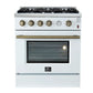 Front view of the FORNO Marco 30-Inch Gas Range in white, featuring four sealed burners, a wide oven window, and a matte white finish with stainless steel accents for a clean, modern look.