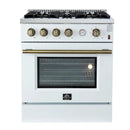 Front view of the FORNO Marco 30-Inch Gas Range in white, featuring four sealed burners, a wide oven window, and a matte white finish with stainless steel accents for a clean, modern look.
