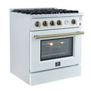 Left-angled view of the FORNO Marco 30-Inch Gas Range in white, showcasing four sealed brass burners, continuous cast iron grates, and a matte white exterior with stainless steel detailing for a professional finish.