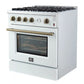 Right-angled view of the FORNO Marco 30-Inch Gas Range in white, featuring four sealed burners, sturdy cast iron grates, and a sleek matte white finish accented by stainless steel trim.