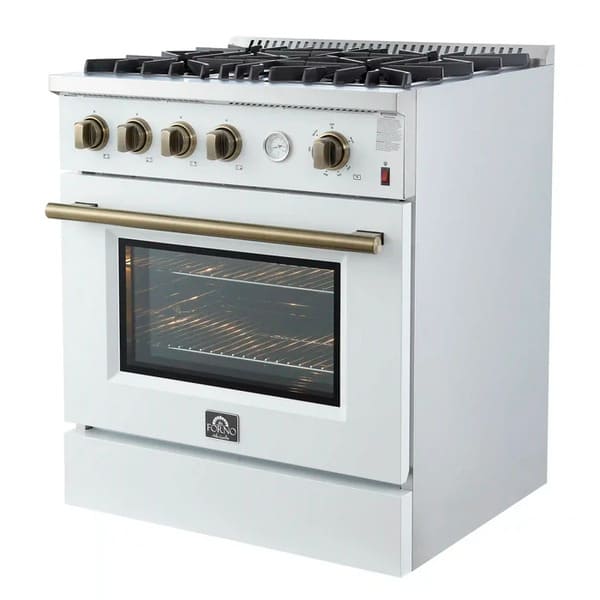 Right-angled view of the FORNO Marco 30-Inch Gas Range in white, featuring four sealed burners, sturdy cast iron grates, and a sleek matte white finish accented by stainless steel trim.