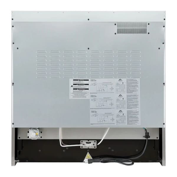 Rear view of the FORNO Marco 36-Inch Gas Range in black, displaying gas and electrical connection points, venting slots, and a flat-back design for streamlined kitchen installation.