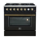 Front view of the FORNO Marco 36-Inch Gas Range in black, featuring six sealed burners, a spacious oven with a large viewing window, and a sleek matte black finish with stainless steel accents.
