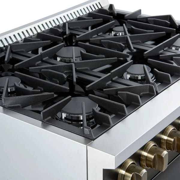 Left-angled close-up of the FORNO Marco 36-Inch Gas Range in black, showcasing six brass burners with precision flame control, set beneath durable cast iron grates on a sleek black cooktop.