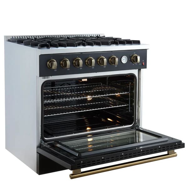 Left-angled view of the FORNO Marco 36-Inch Gas Range in black with the oven door open, revealing a blue enamel interior, convection fan, and multiple chrome racks for flexible cooking and baking.