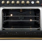 Interior view of the FORNO Marco 36-Inch Gas Range in black, featuring a vibrant blue enamel oven cavity, convection fan, and multiple chrome racks for efficient multi-level cooking.