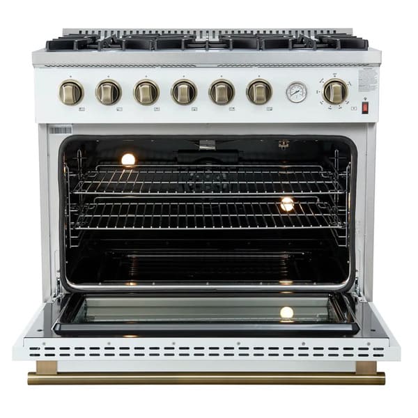 Front view of the FORNO Marco 36-Inch Gas Range in white with the oven door open, displaying the blue enamel oven interior, convection fan, and adjustable heavy-duty racks for spacious cooking.