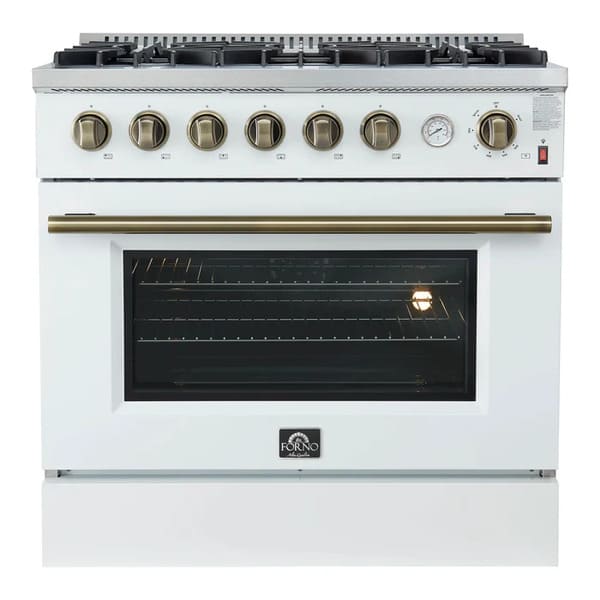 Front view of the FORNO Marco 36-Inch Gas Range in white, featuring six sealed burners, a large oven window, and a sleek matte white finish with stainless steel trim for a clean, modern kitchen aesthetic.