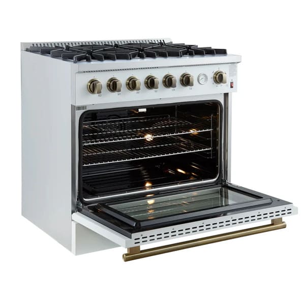 Left-angled view of the FORNO Marco 36-Inch Gas Range in white with the oven door open, revealing a blue enamel interior, convection fan, and chrome racks for multi-level cooking flexibility.
