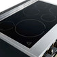 Angled view of the FORNO Paolo 36-Inch Electric Range in black, highlighting the smooth ceramic glass cooktop with radiant heating zones and sleek black stainless steel styling.